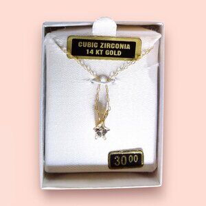 14K Solid Yellow Gold Necklace Solitaire Star Cut CZ Pendant 13in Celestial